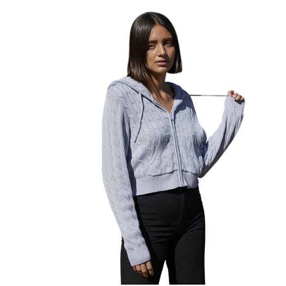 John Galt Light Blue Crystal Knit Zipper-Front Sweater Hoodie, One Size - Picture 1 of 10